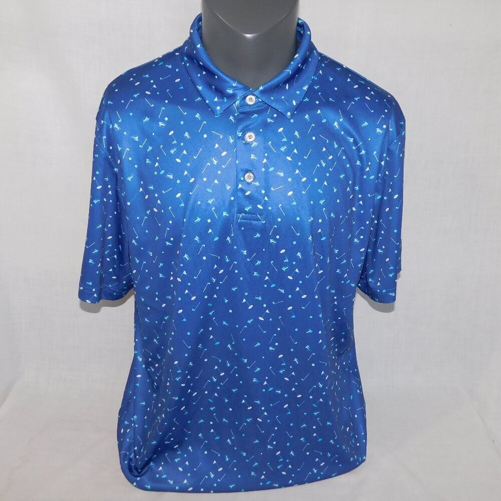 PGA Tour Course Essentials Mens XL Blue Golf Club Ball Hole Hat Polo Shirt